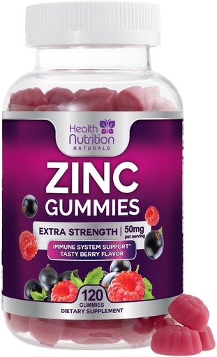[BRSROCALBMFGC2T4] Zinc Gummies 50mg per Serving - Extra Strength Immune Support Antioxidant Gummy, Non-GMO & Gluten Free - Best Zinc Supplement for Skin Bone & Heart Health - Chewable Tasty Berry Flavor - 120 Gummies