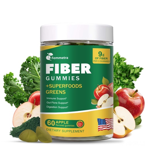[BRSREFQCAV5AGH33] 9G Fiber Gummies for Digestive Health & Regularity - No Sugar Added Apple Flavor - Prebiotic Fiber Supplement with Greens - Daily Gummies for Adults, Women & Men - 60CT