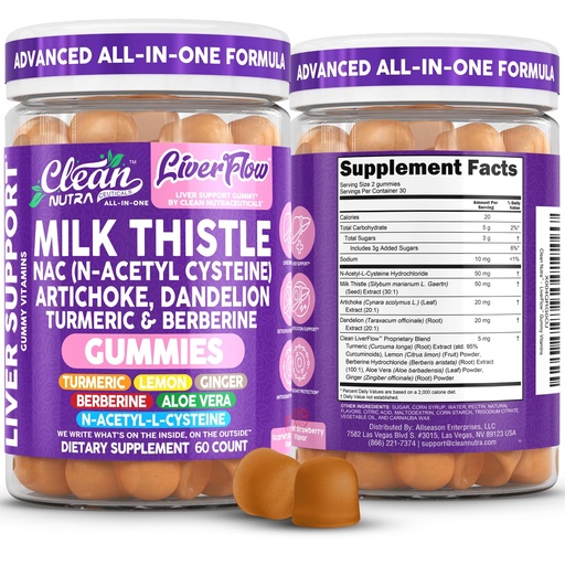 [BRSREFAHCJYQKGYV] Clean Nutra Milk Thistle NAC Supplement N Acetyl Cysteine Artichoke Dandelion Root Turmeric Berberine Ginger Curcumin Gut Health Metabolism Detox & Cleanse 60 Gummies