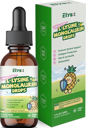 [BRSREH36OIBQKCA7] L-lysine Monolaurin Liquid Drops, Lysine 1000mg Supplement for Kids & Adults, with Vitamin C & D3, Zinc Citrate, Selenium, Quercetin & Elderberry Extract, Immune Support, Lip & Skin Health, 2 FL OZ