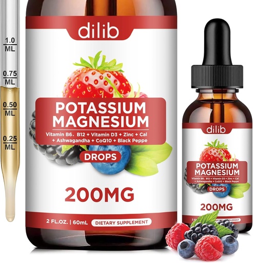 [BRSRAZTQAUIGEE33] Potassium Magnesium Citrate Supplement, Liquid Magnesium Citrate Drops 200mg with Ashwagandha, Calcium, Zinc, Vitamin D3, B6, B12, CoQ10 - Vegan 2 fl oz Mix Berry Flavor
