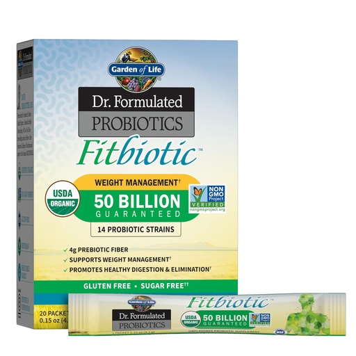 [BRSWIC3RBYMWAGTG] Garden of Life Dr. Formulated Probiotics Fitbiotic Weight Management Powder, 50 Billion CFU & Prebiotic Fiber, Organic & Non-GMO Digestive Gut Health Probiotic Supplement, 20 Single Serving Packets
