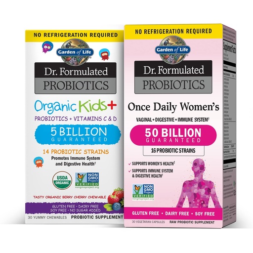 [BRSRM2Y7OZ7QMAD2] Garden of Life Children & Women Probiotic Bundle: Dr. Formulated Kids+ Berry Cherry Probiotics 5 Billion CFU – 30 Chewables + Once Daily Women’s Probiotics 50 Billion CFU - 30 Capsules, Shelf Stable