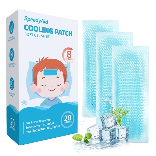 [BRSRGGQQCF6BG3TO] 20 Sheets SpeedyAid Fever Patches for Kids & Adults - Soft Gel Cooling Pads for Fever Discomfort & Pain Relief, Soothe Headache Pain, Pack of 20