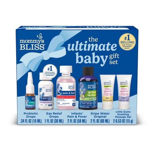 [BRSREC35CN6RGCQ7] Mommy’s Bliss Ultimate Baby Gift Set | Gripe Water, Probiotic Drops, Pain & Fever Medicine, Gas Relief Drops, and Gum Massage Gel