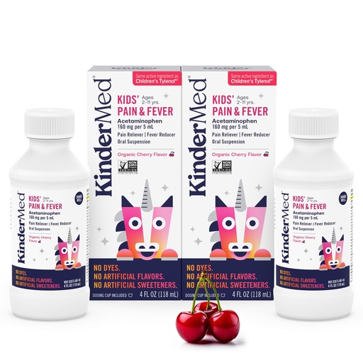 [BRSREH34CENBG3YZ] KinderMed Kids' Pain & Fever Medicine, for Ages 2-11 Years, No Dyes, No Artificial Flavors, No Artificial Sweeteners, Vegan, Non-GMO, Gluten Free, Organic Cherry Flavor, Two Pack, 2 x 4 fl. oz