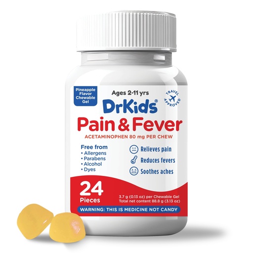 [BRSREYINBUCQKD3Z] Dr. Kids Children’s Pain and Fever Chewable Gels – Pain Relief and Fever Reducer for Kids Ages 2–11, 80 mg Chewable Acetaminophen for Headache, Sore Throat, Cold & Flu, Pineapple Flavor, 24 Count