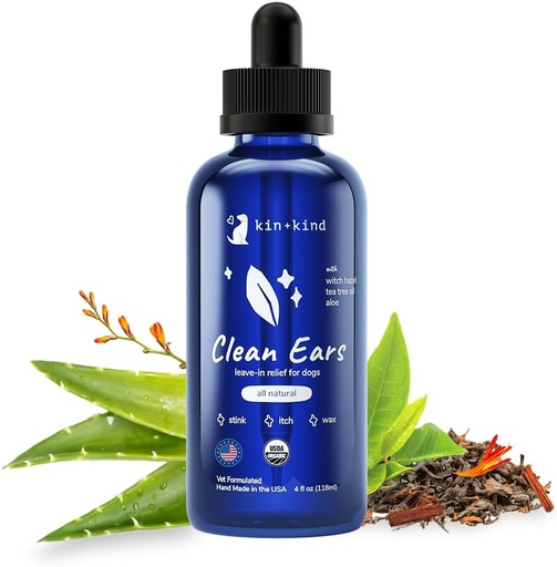 [BRSWKFYMCYPQC33C] kin+kind Dog Ear Cleaner Solution – Organic Dog Ear Wash & Easy-to-Use Ear Drops for Dogs – Cleans Wax, Dirt & Odor – Gentle Ear Cleaning w/Witch Hazel, Aloe Vera & Tea Tree Oil – Made in USA 4 fl oz