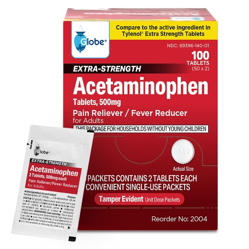 [BRSRAFQKBYCWMAYV] Globe Extra Strength Acetaminophen Tablets 500 mg, Pain Reliever and Fever Reducer, Gentle on Stomach, for Arthritis Pain, Backache Pain and More, 50 Packets of 2 Tablets Each, 100 Count