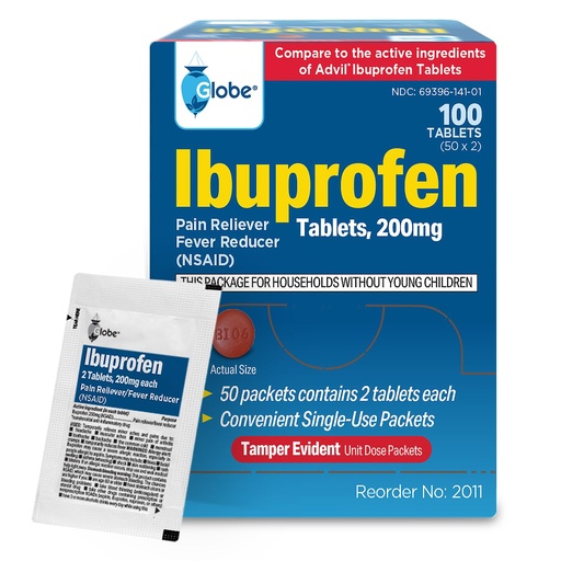 [BRSROGI5DIHBUGYU] Globe Ibuprofen Tablets, 200 mg, Pain Reliever and Fever Reducer, for Headache, Muscular Aches, Arthritis, Backache and More 50 Packets of 2 Tablets Each,100 Tablets