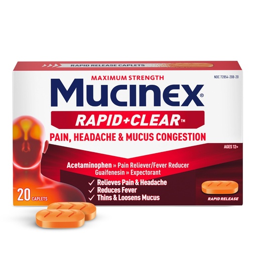 [BRSREYADB4PGGH3V] Mucinex Rapid Clear Maximum Strength Cold Medicine & Expectorant, Fever, Pain, Headache, & Excess Mucus Relief with Acetaminophen & Guaifenesin, Rapid Release Caplets for Adults, 20 Count