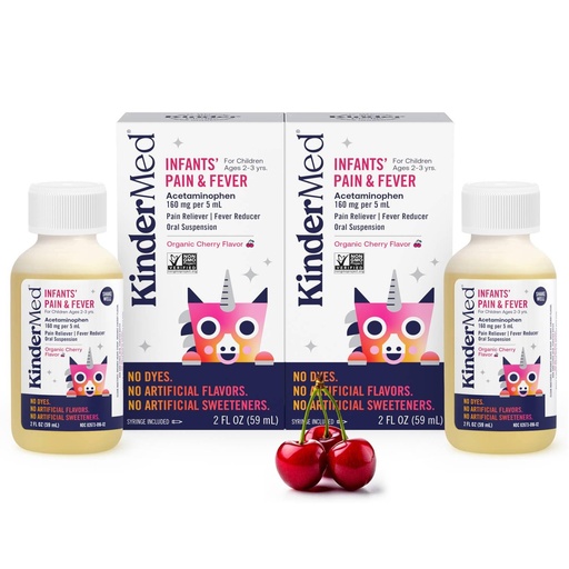 [BRSREH37OR5B43DX] KinderMed Infants' Pain & Fever Medicine, No Dyes, No Artificial Flavors, No Artificial Sweeteners, Vegan, Non-GMO, Gluten Free, Organic Cherry Flavor, Two Pack, 2 x 2 fl. oz