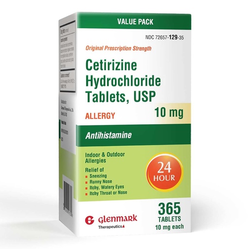 [BRSRAZIHBANR62T2] Glenmark Therapeutics 24-Hour Allergy Medicine, 365 Count, Cetirizine HCl USP, Antihistamine for Pollen, Hay Fever, Dry, Itchy Eyes, Allergies, 10mg Tablets