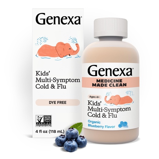 [BRSROGT5A4BQ23QZ] Genexa Kids' Cold & Flu Multi-Symptom Relief, Dye Free, 0% Artificial Additives, Children's Liquid Pain, Fever and Cough Medicine, for Kids 4-11, Delicious Organic Blueberry Flavor, 4 fl oz