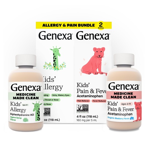 [BRSREYYRAR6AKDI6] Genexa Kids' Clean Allergy & Acetaminophen Medicine Combo, Dye Free, 0% Artificial Additives, Childrens Antihistamine & Pain Reliever Fever Reducer, Ages 6-11, Organic Agave & Blueberry (2 Pack)
