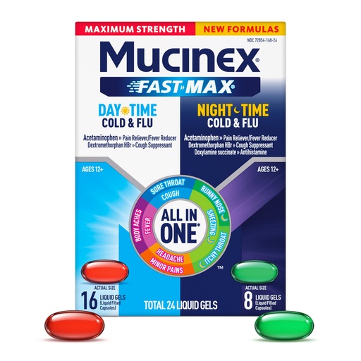 [BRSREYADBZ5GAHY3] Mucinex Fast-Max Maximum Strength Day & Night Cold and Flu Medicine for Adults, Powerful Over-The-Counter Medication for Cold & Flu Symptoms, Fast Dissolving Liquid Gels, 24 Count