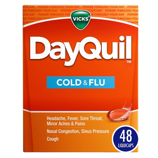 [BRSWIZYTCIMWA3QV] Vicks DayQuil Cold & Flu Medicine, Non-Drowsy Powerful Multi-Symptom Daytime Relief for Headache, Fever, Sore Throat, Minor Aches and Pains, Nasal Congestion, Sinus Pressure and Cough, 48 Liquicaps