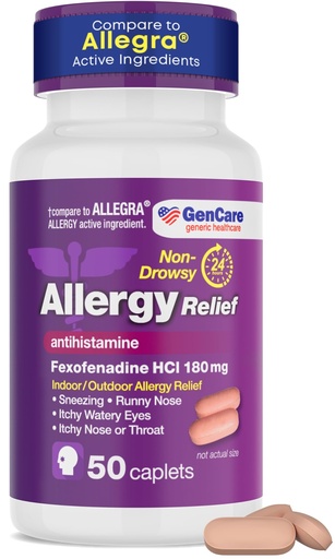 [BRSRAZY6CRYA2CD3] GenCare - Allergy Relief Pills | Fexofenadine HCl 180mg 50 Tablets | Non Drowsy Antihistamine Allergy Pills for Hay Fever, Seasonal Allergies, Outdoor & Indoor Allergies | Relieves Itchy Eyes & Nose