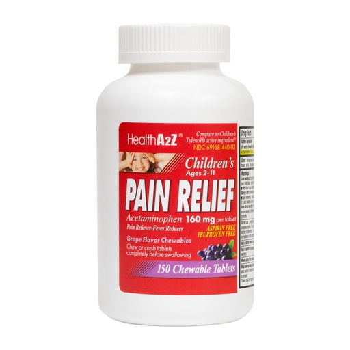 [BRSRAFD2PMBWGFA6] HealthA2Z® Children’s Chewable Pain Relief | Acetaminophen 160mg | Grape Flavor | Fever Reducer & Pain Reliever | Aspirin & Ibuprofen Free | 150 Counts