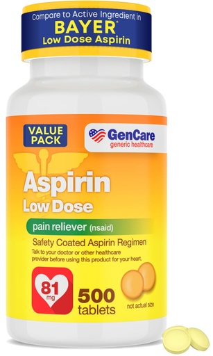 [BRSWYGQNCN5GYFLF] GenCare - Low Dose Aspirin 81mg for Adults Coated (NSAID) 500 Tablets | Adult Low Dose | Enteric Coated Aspirin Pills | Muscle Pain & Menstrual Pain Relief | Fever Reducer | Generic Bayer