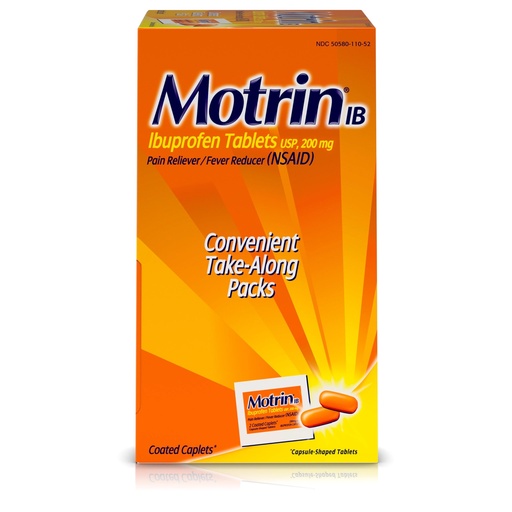 [BRSWIYYOAIDBYEDU] Motrin IB, Ibuprofen 200mg Tablets, NSAID Pain & Fever Reliever for Headache, Backache, Muscular Aches, Arthritis Pain Reliever, 50 Travel Packets of 2, 100 ct