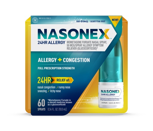 [BRSRMZYQO4JR6G3P] Nasonex 24HR Allergy Nasal Spray, Non-Drowsy, Scent-Free Mist, Allergy Symptoms + Nasal Congestion, Full Prescription Strength, 60 Sprays