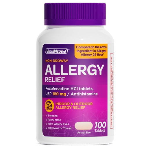 [BRSWGGLYBF4AGEY6] ValuMeds | Compare to Allegra | Fexofenadine HCl 180mg | 24-Hour Allergy Relief, Non-Drowsy Antihistamine Generic Medicine for Allergies, Hay Fever, Itchy Eyes | for Kids & Adults (100 Count)