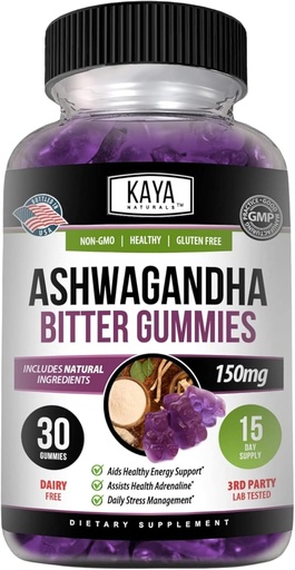 [BRSRMFIHA4IW2EL7] Kaya Naturals Ashwagandha Bitter Gummies - Natural Stress Relief, Boost Energy & Mental Clarity, Non-GMO, Gluten-Free, Chewable Gummies - 30 Count