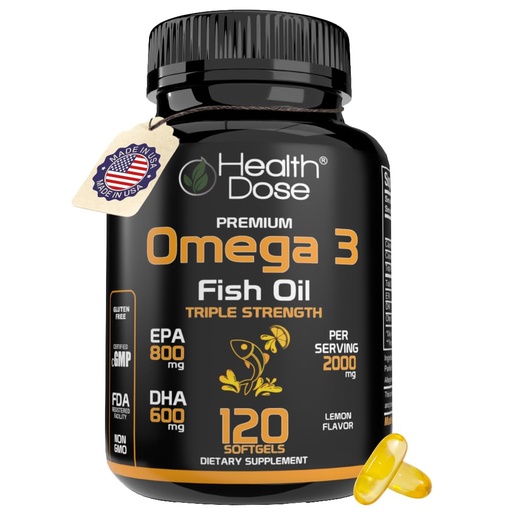 [BRSWYCQYCAMQ423B] Health Dose Omega 3 Fish Oil 2000mg – Lemon-Flavored Softgels with EPA 800mg & DHA 600mg for Brain, Heart, and Wellness Support – Easy-to-Digest, No Fish Burps – 120 Softgels, 2-Month Supply