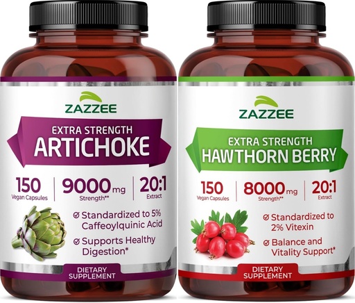 [BRSRGGIQOAJQG33F] Zazzee Herbal Cardio&Cholestero Support Bundle | Extra Strength 20:1 Hawthorn Berry Plus 20:1 Artichoke Leaf Extract Capsules | Non-GMO Vegan & ISO Lab Tested (150 Servings Each)