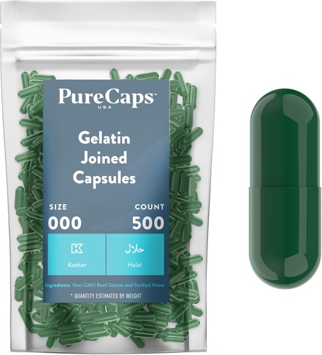 [BRSWGA3RO57RAHLA] Purecaps USA - Empty Gelatin Pill Capsules Size 000| 500 Joined Pills| Green| Non-GMO Certified | SLS, Gluten, Preservative Free