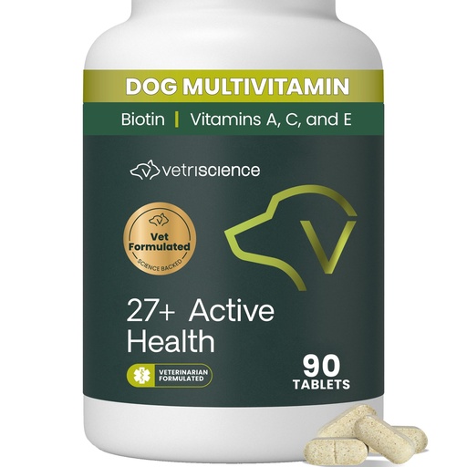 [BRSWKFQTCEEACGDC] VetriScience 27+ Active Health Chewable Tablets, Canine Plus Daily Multivitamin for Puppies and Adult Dogs, Balanced Vitamins, Minerals and Antioxidants, Wellness Support, Duck, 90 Count