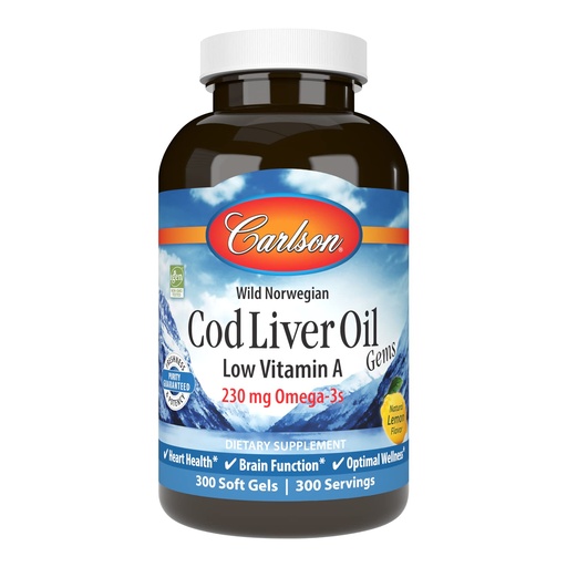 [BRSWECQ2OIPQEHTV] Carlson - Cod Liver Oil Gems, Low Vitamin A, 230 mg Omega-3s, Norwegian, Wild Caught, Sustainably Sourced, 300 Softgels