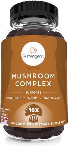 Sunergetic Premium Mushroom Gummies Suplemento -para Immune Health, Brain, Mood & Stress Support - Mushroom Blend con Lions Mane, Chaga Extract, Reishi, Turquía Tail, Cordyceps (120 Gummies)
