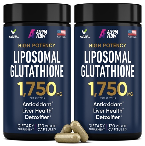 [BRSREGQFOIBQIALP] Alpha Flow (2 Pack) Liposomal Glutathione 1100mg – High Absorption Glutathione Supplement with Vitamin C, ALA & Phospholipid Complex – Liver Function, Skin & Immune Support – 240 Vegan Capsules