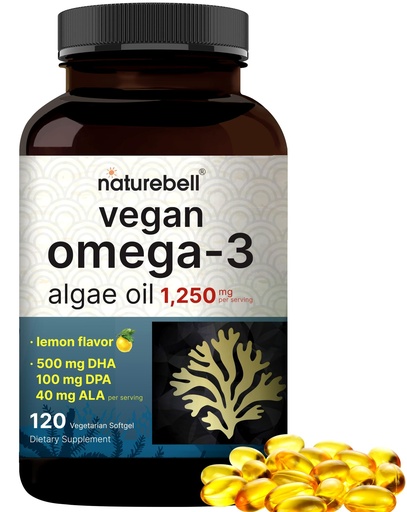 [BRSREEI7DEMBSDI4] Vegan Omega 3 Algae Oil Supplement, 120 Veggie Softgels | Carrageenan Free, Plant-Based DHA & DPA | Fish Oil Alternative | Full Spectrum of Omega 3 with Flaxseed & ALA | Lemon Flavored