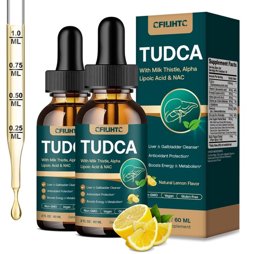 [BRSRGFDYCQFQKELL] TUDCA Bile Salts 1200mg Liquid Drops - Advanced Tudca Liver Supplement with ALA, NAC & Glutathione for Bile Flow, Gallbladder Health & Antioxidant Defense, High-Absorption, Lemon 2 fl oz 2 Pack