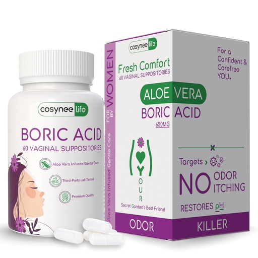 [BRSRAY35AF4AG3T3] cosynee Boric Acid Capsules for Women with Aloe Vera – 60 Capsules, 650mg Each – Feminine Hygiene Support