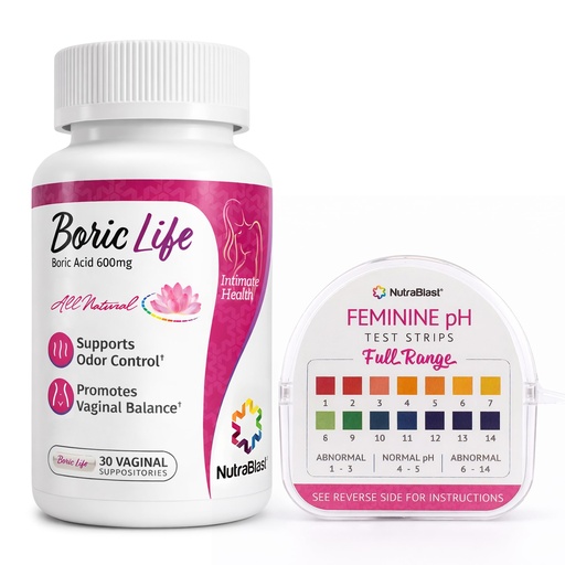 [BRSWGAAHBYORYD35] NutraBlast Boric Acid Vaginal Suppositories 600mg (30 Count) & Feminine pH Test Strips 1-14 (100-Tests Roll) | Monitor Feminine Intimate Health | Acidity & Alkalinity Balance