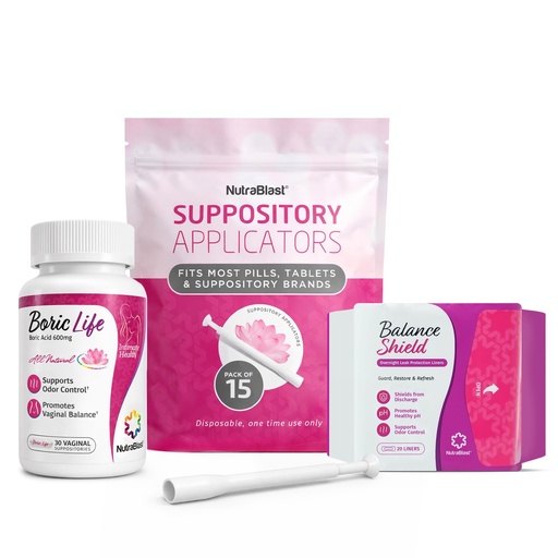 [BRSW2ZQYOQFA4H3X] NutraBlast Boric Acid Suppositories 600mg (30 Count) Bundle with Disposable Applicators (15-Pack) and Balance Shield Panty Liners (180mm, 20-Pack)