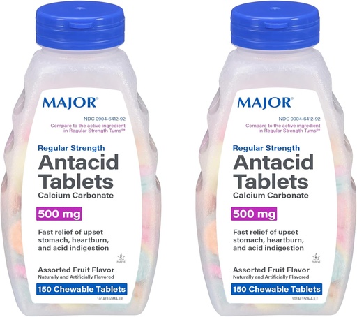 [BRSWKH3ZOQGGGYLC] MAJOR Normál hatáserősség Antacid tabletta - Kalcium-karbonát 500 mg - Szerzett gyümölcsíz - 150 rágótabletta (2 csomag)