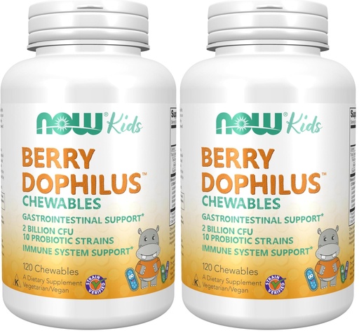 [BRSRGGQNAAPQ42TZ] NOW Foods Supplements,BerryDophilus™ with 2 Billion,10 Probiotic Strains,Xylitol Sweetened,Strain Verified,120 Chewables,Packaging May Vary,(Pack of 2)