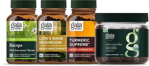 [BRSROGQ6DIARME3D] Gaia Herbs Focus Kit - Bacopa, Cogumelo de Mana de Leão, Gummies Ashwagandha, Turmérica Supremo Força Extra