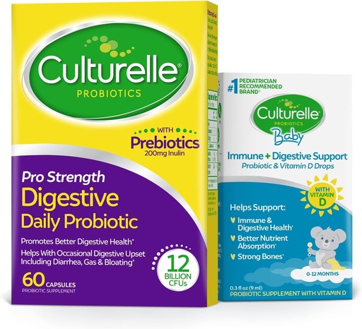 [BRSRMYAPOV5AGADB] Culturelle Pro Strength Daily Probiotic Capsules, Probiotics for Men & Women 60 Count, 2 months + Culturelle Baby Immune & Digestive Support Probiotic + Vitamin D Drops 0-12 Months, 30 Day Supply, 9ml
