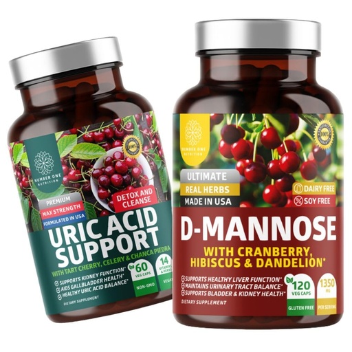 [BRSRAGATAECWC3DH] Number One Nutrition N1N Premium D-Mannose with Cranberry & Hibiscus [1350mg], 120 Capsules, and Uric Acid Support with 14 Potent Herbs, 60 Capsules, 2 Pack Bundle