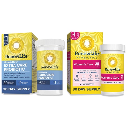 [BRSROZA6CF7GKEIY] Renew Life Probiotic for Men & Women Bundle Bundle, Pribiotic Supplements for Digestive & Immune Support, Shelf Stable, Gluten Free, Extra Care (30B CFU) & Women's Care (25B CFU) 60 Capsules