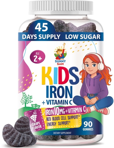 [BRSROAQZDIAQMAL4] SUNNY SAM Iron Gummies for Kids & Teens - 10mg Iron Vitamins with Vitamin C - Low-Sugar Chewable Gummy Supplement for Immune Support, Supports Red Blood Cell Production for Children & Teen Girls
