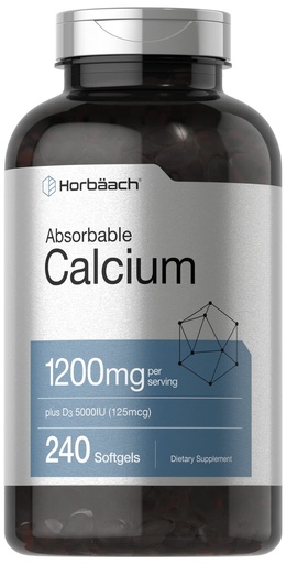 [BRSWGAAFOABA2HI2] Horbäach Calcium 1200 mg with Vitamin D3 | 240 Softgels | 5000 IU Vitamin D3 | Absorbable Calcium Supplement for Women and Men | Non-GMO, Gluten Free