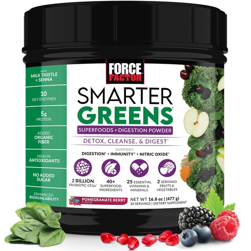 [BRSW2AANBUBBUHTX] Force Factor Smarter Greens Superfoods Powder to Support Digestion, Gut Health, Bloating, Greens Powder with Probiotics, Prebiotics, Digestive Enzymes, & Adaptogens, Pomegranate Berry, 30 Servings