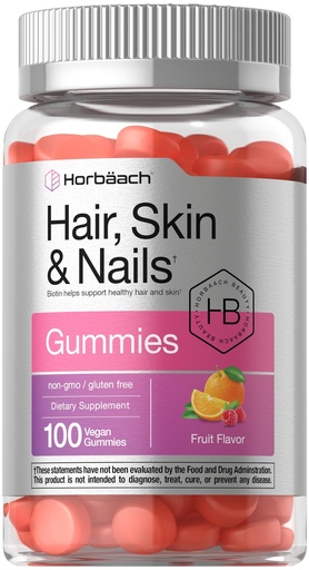 [BRSW2GIQPMIRQAI2] Horbäach Hair Skin and Nails Gummies | 100 Count | with Biotin | Fruit Flavored Vitamins | Non-GMO, Gluten Free Supplement